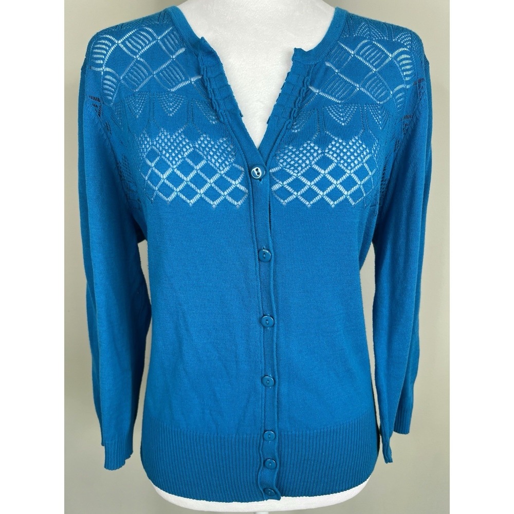 Cable & Gauge Button Front Cardigan Sweater Sz XL Open Knit Yoke Blue Feminine